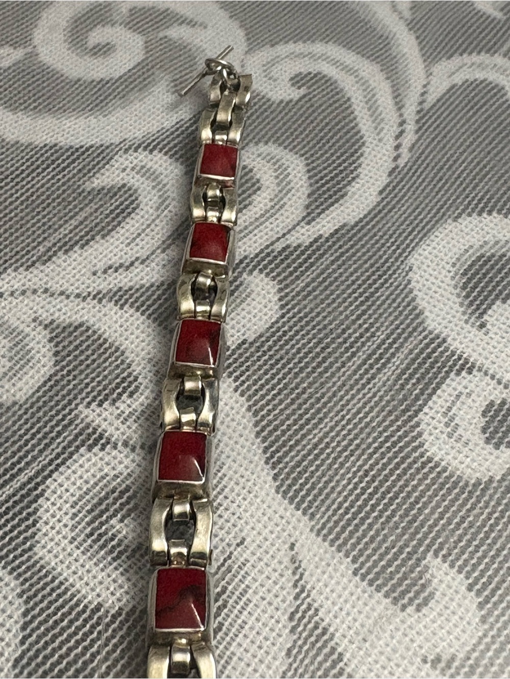Sterling Silver Link Bracelet with Deep Red jasper Stone Accents
